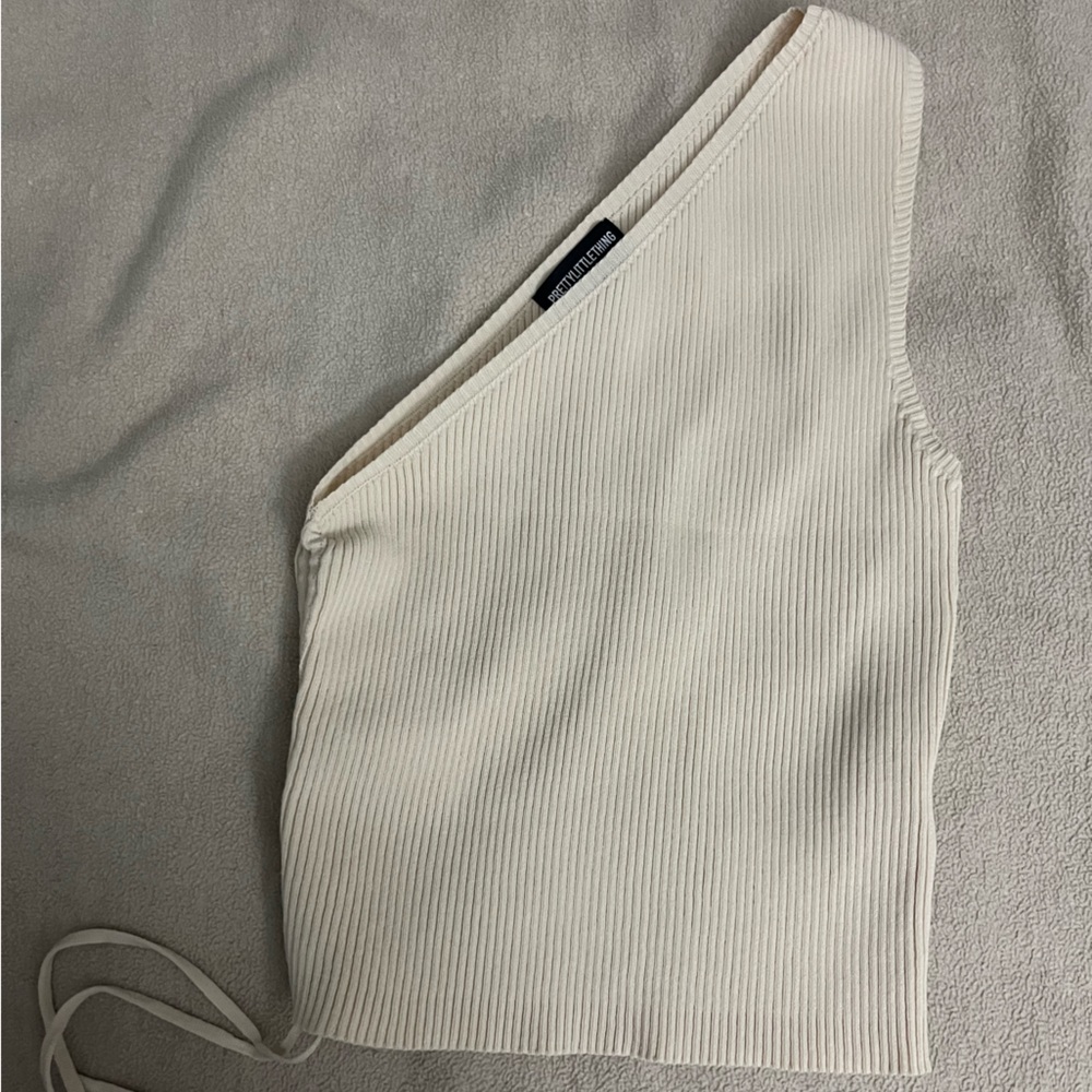 PrettyLittleThing Cream Ribbed One-Shoulder Top & Skirt